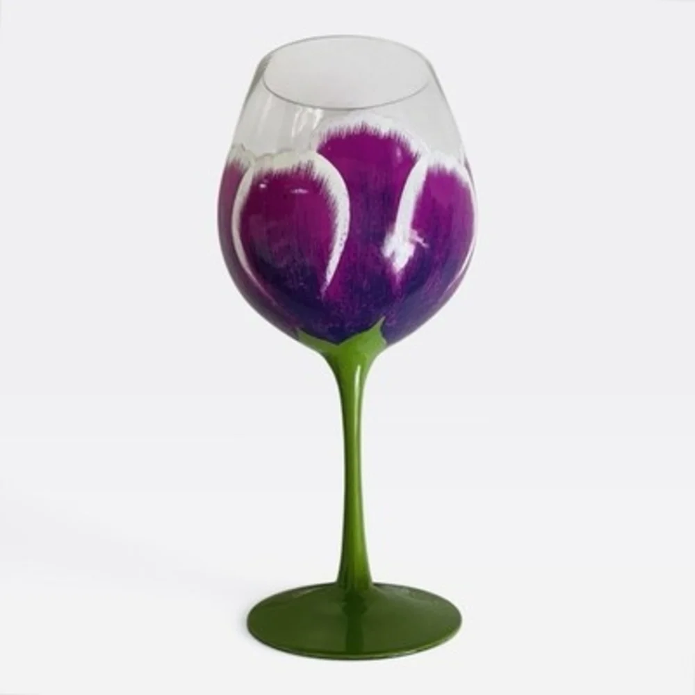 Pier 1 Imports Hand Painted Purple Tulip Wine Glass Green Stem Hand Blown EXC